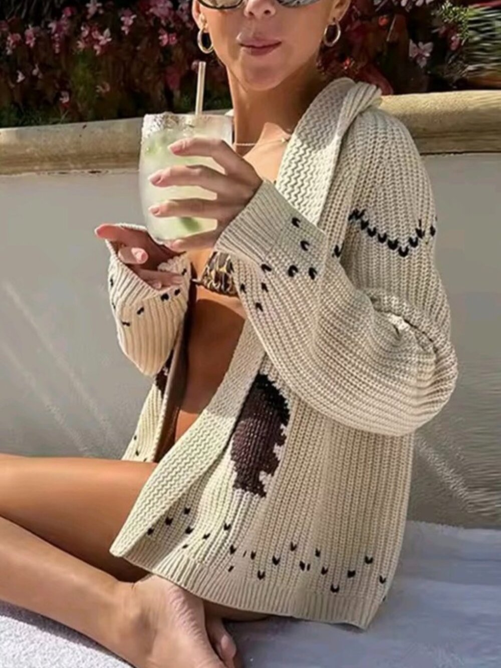 Autumn Boho Knit Jacquard Women's Cardigans Loose Lapel Long Sleeve Contrast - Picture 2 of 5